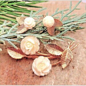 14K Gold Filled AMCO Floral Leaf Rose Brooch & Earring Set